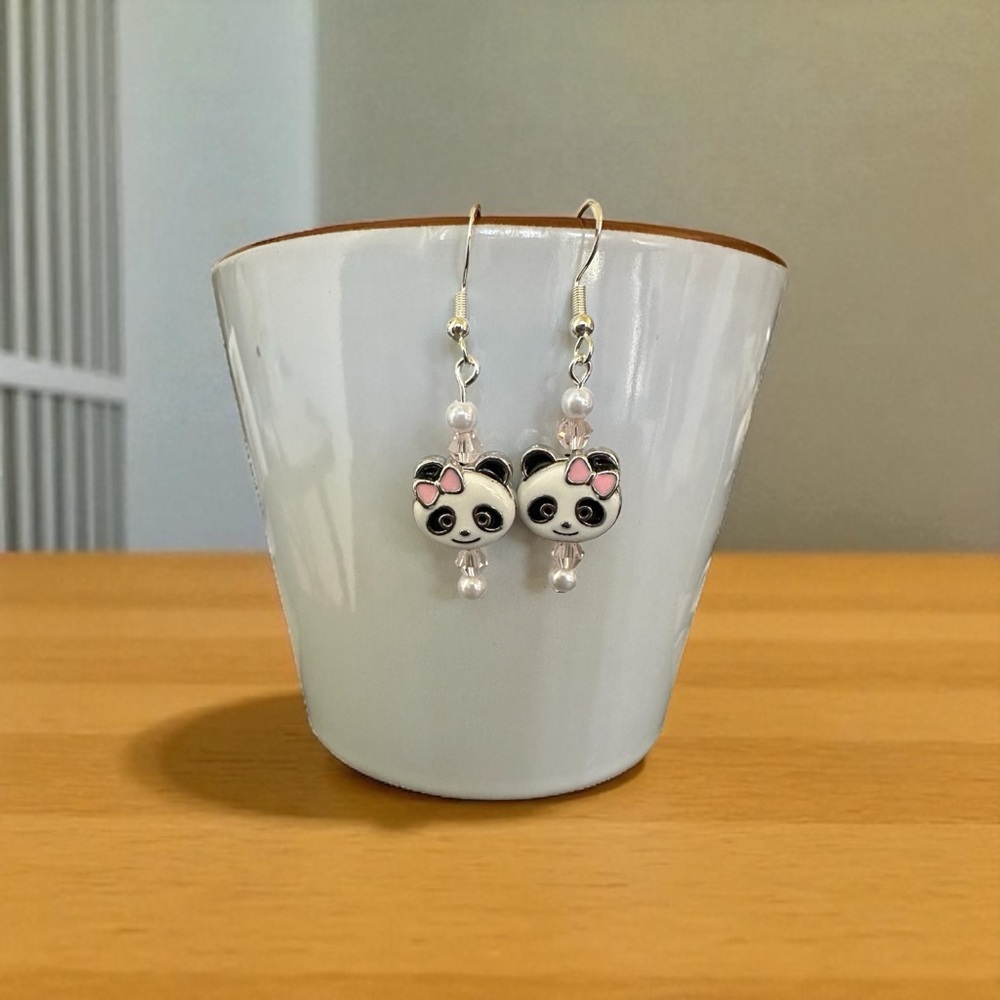 Cute Panda Earrings with Pink Accents-never worn